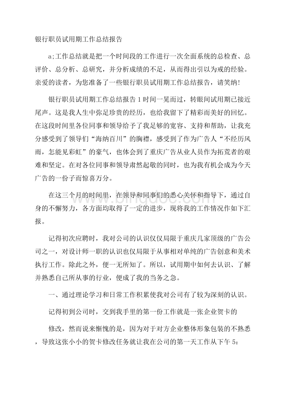 银行职员试用期工作总结报告文档格式.docx