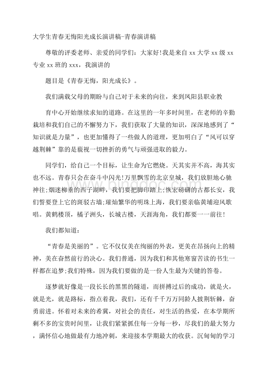 大学生青春无悔阳光成长演讲稿青春演讲稿文档格式.docx