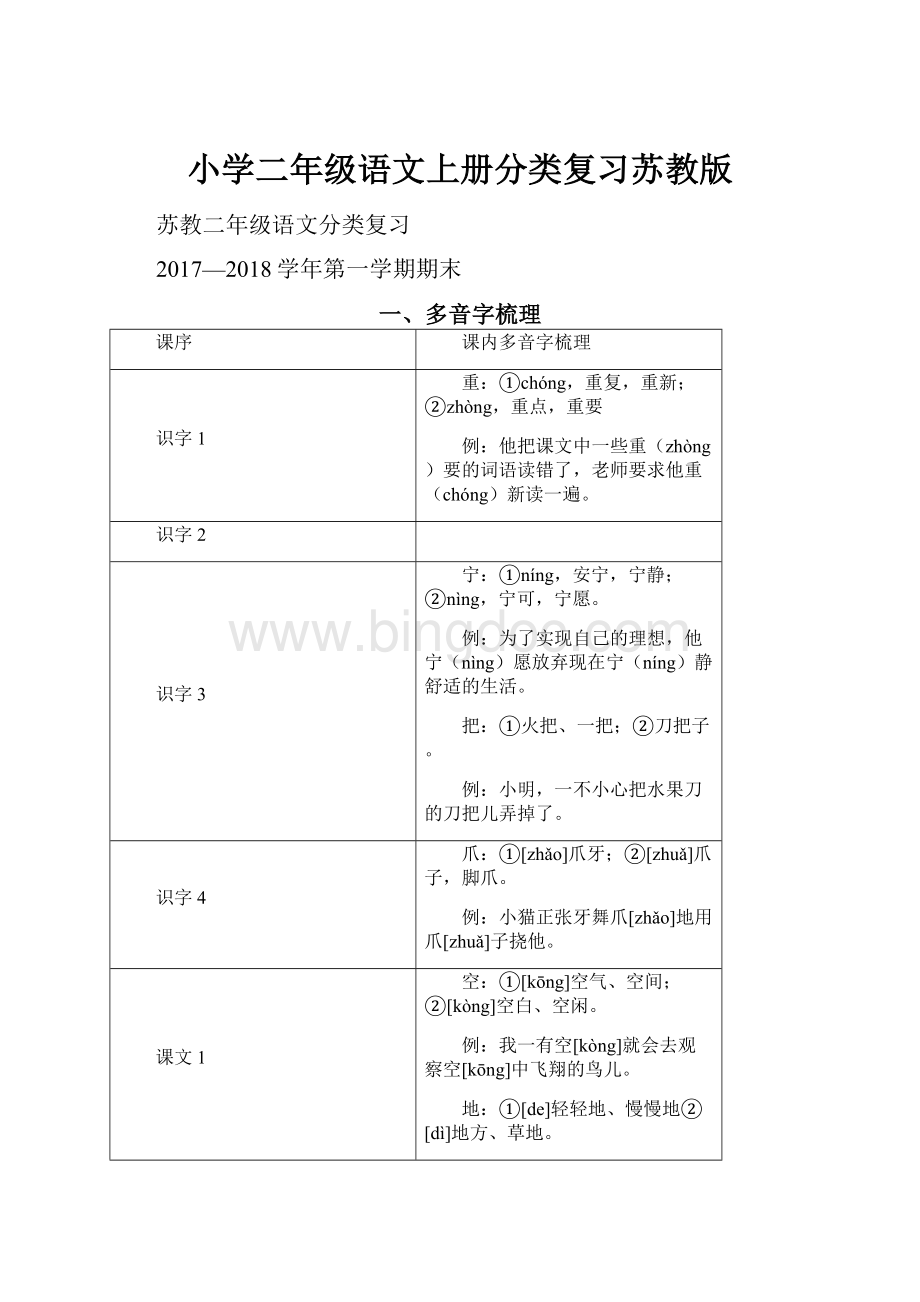 小学二年级语文上册分类复习苏教版.docx