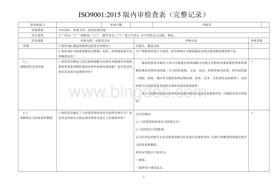 ISO9001-2015内审检查表(含检查记录).doc