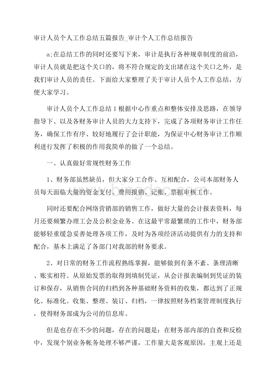 审计人员个人工作总结五篇报告_审计个人工作总结报告文档格式.docx_第1页