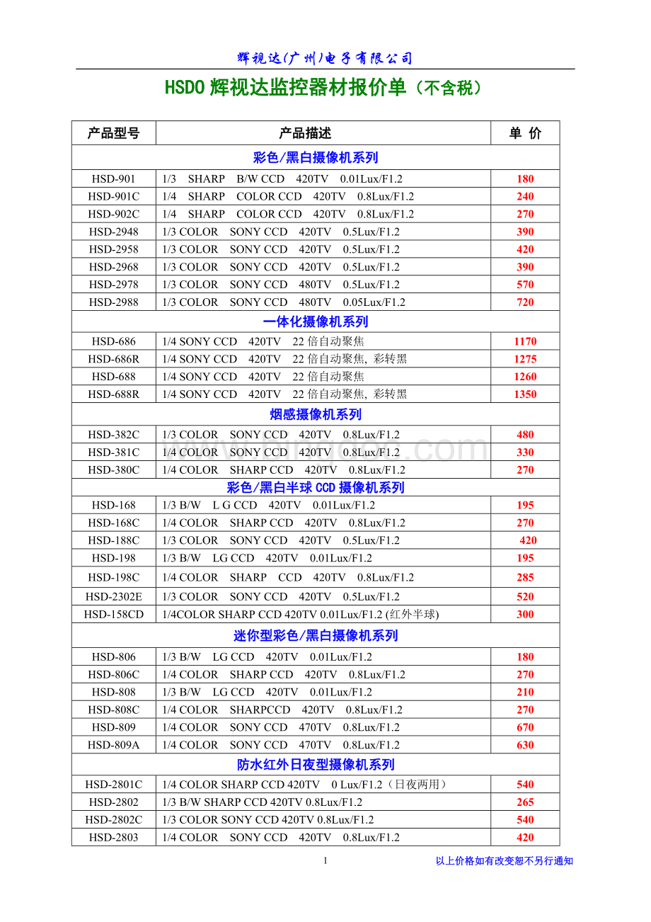 广州市辉视达电子有限公司报价单不含税Word格式文档下载.doc