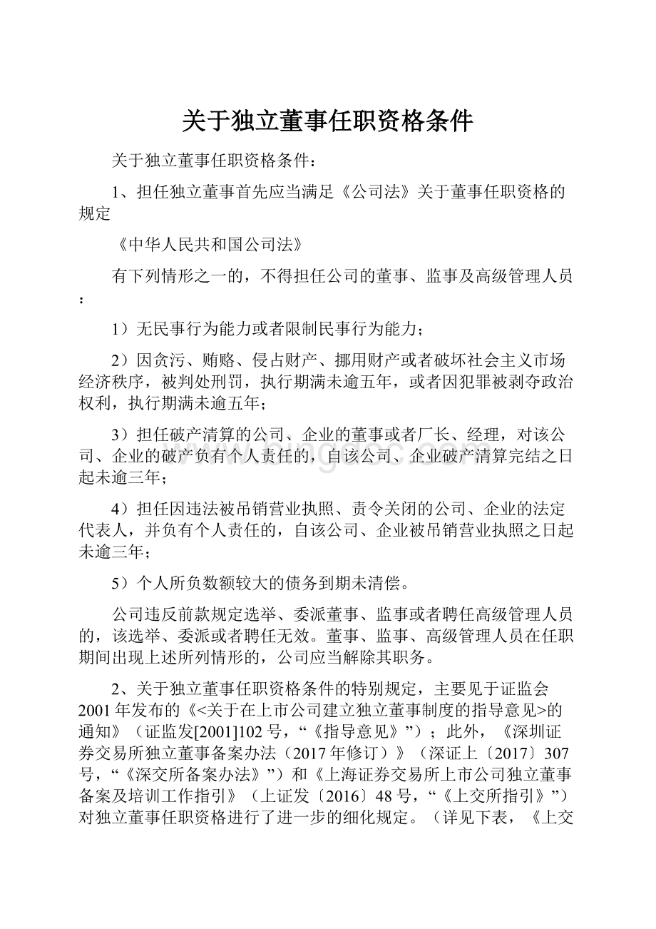 关于独立董事任职资格条件文档格式.docx_第1页