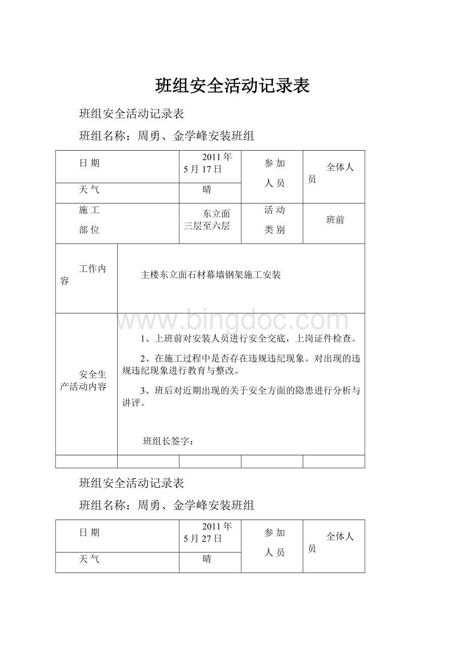 班组安全活动记录表.docx