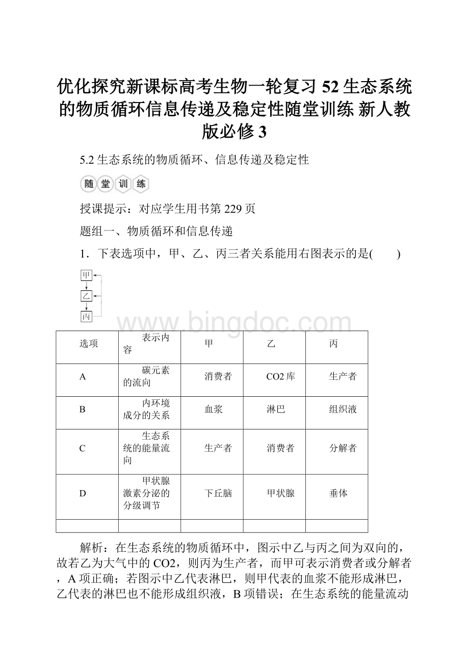 优化探究新课标高考生物一轮复习 52生态系统的物质循环信息传递及稳定性随堂训练 新人教版必修3.docx_第1页