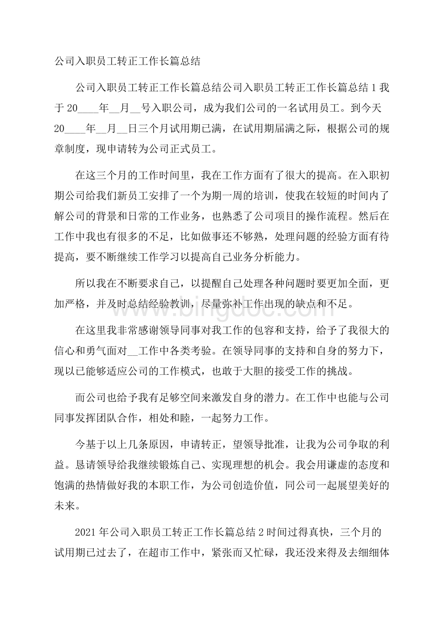 公司入职员工转正工作长篇总结.docx_第1页