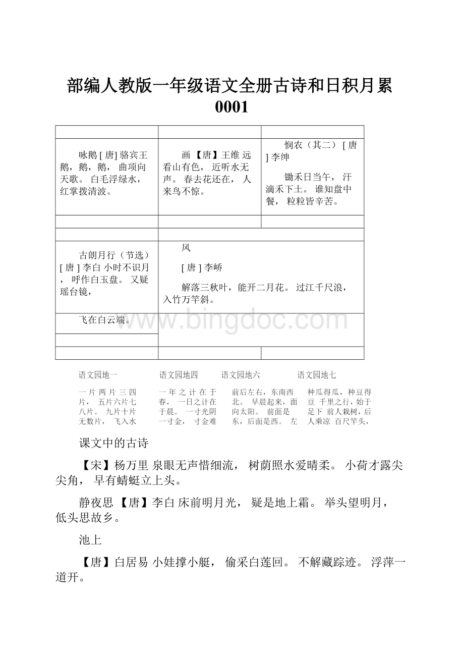 部编人教版一年级语文全册古诗和日积月累0001Word文档格式.docx