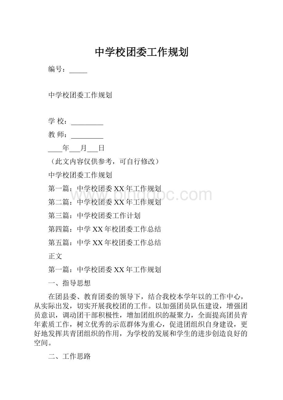 中学校团委工作规划文档格式.docx_第1页