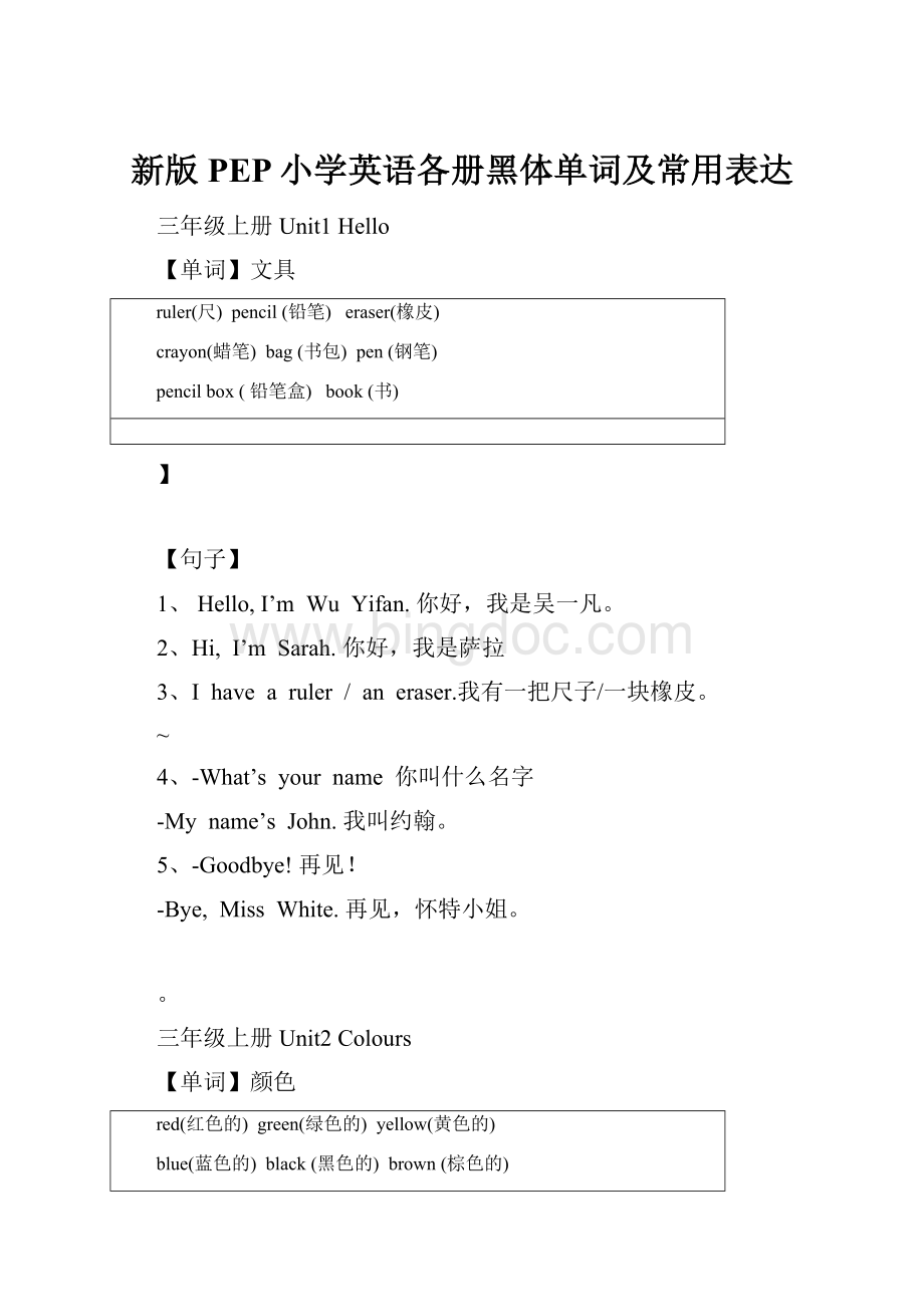 新版PEP小学英语各册黑体单词及常用表达.docx