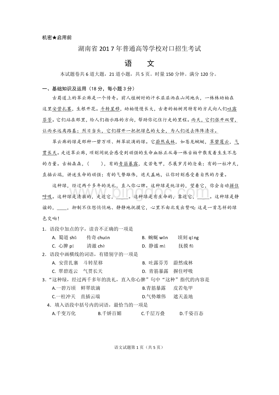 湖南省普通高等学校对口招生考试语文.doc_第2页