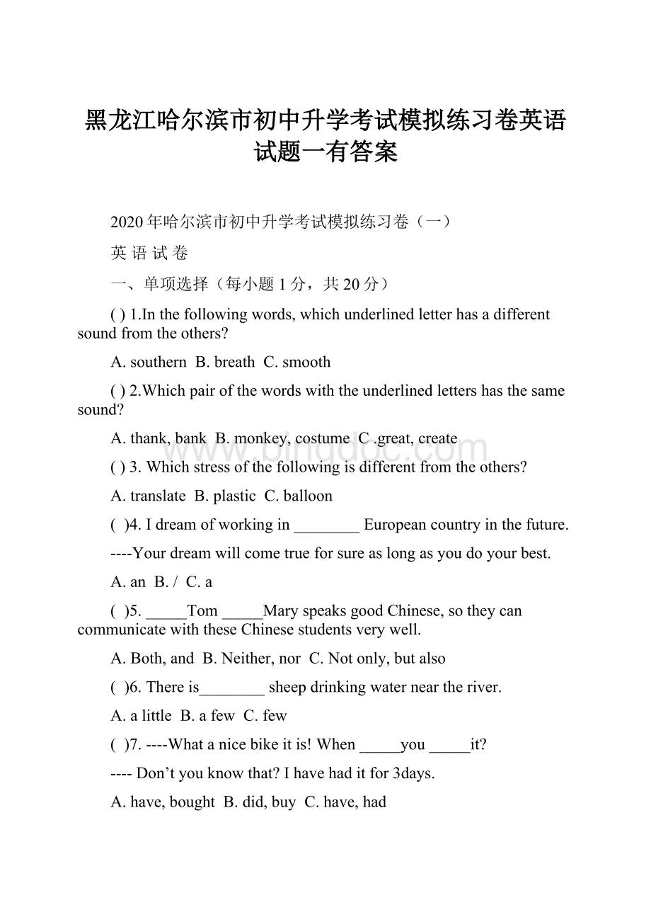 黑龙江哈尔滨市初中升学考试模拟练习卷英语试题一有答案.docx