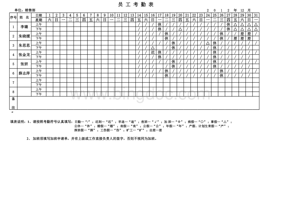 销售部员工考勤表表格文件下载.xls_第1页