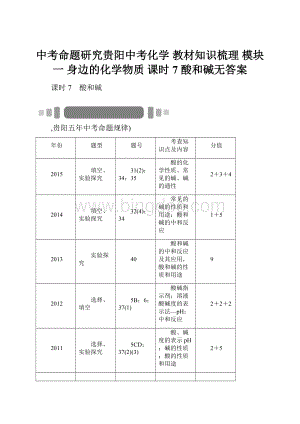 中考命题研究贵阳中考化学 教材知识梳理 模块一 身边的化学物质 课时7 酸和碱无答案.docx