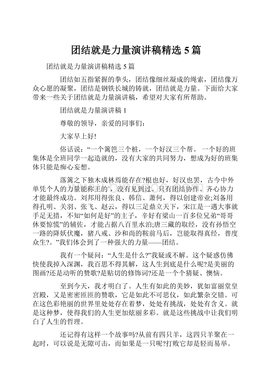 团结就是力量演讲稿精选5篇Word格式.docx