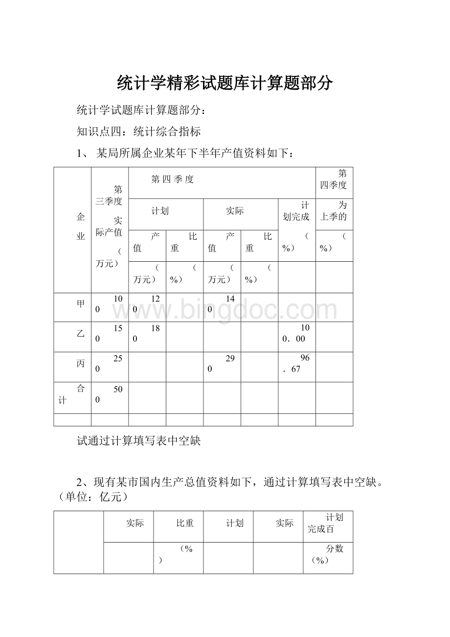 统计学精彩试题库计算题部分Word文件下载.docx_第1页