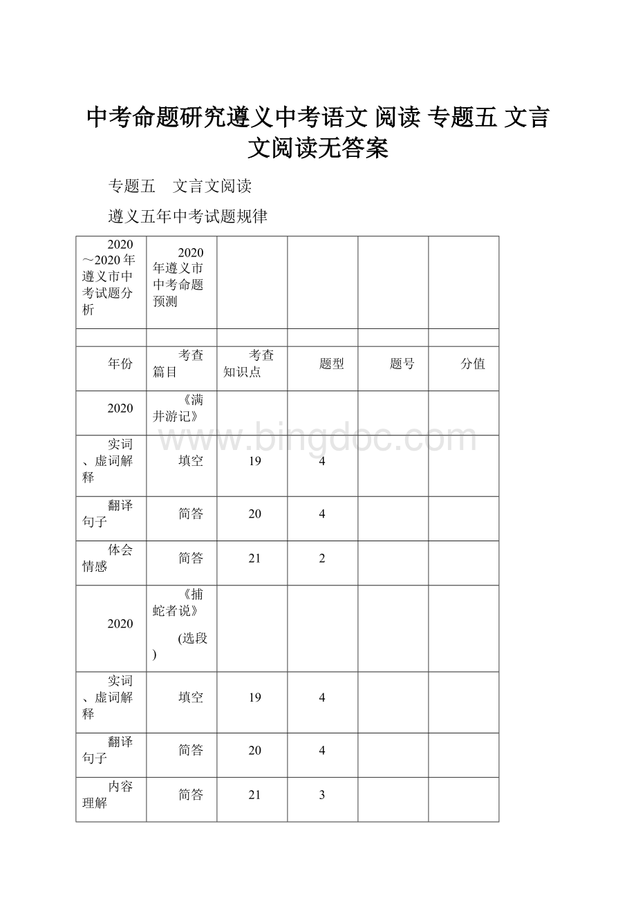 中考命题研究遵义中考语文 阅读 专题五 文言文阅读无答案Word文档下载推荐.docx_第1页