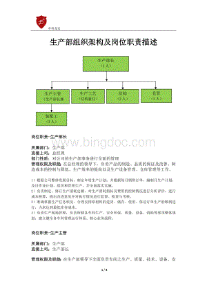 生产部组织架构图及岗位职责描述Word文档格式.docx