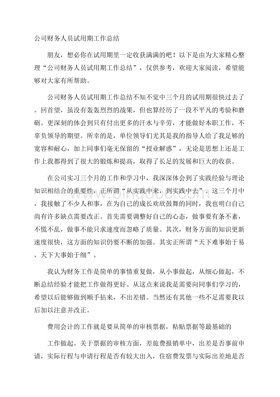 公司财务人员试用期工作总结.docx_第1页