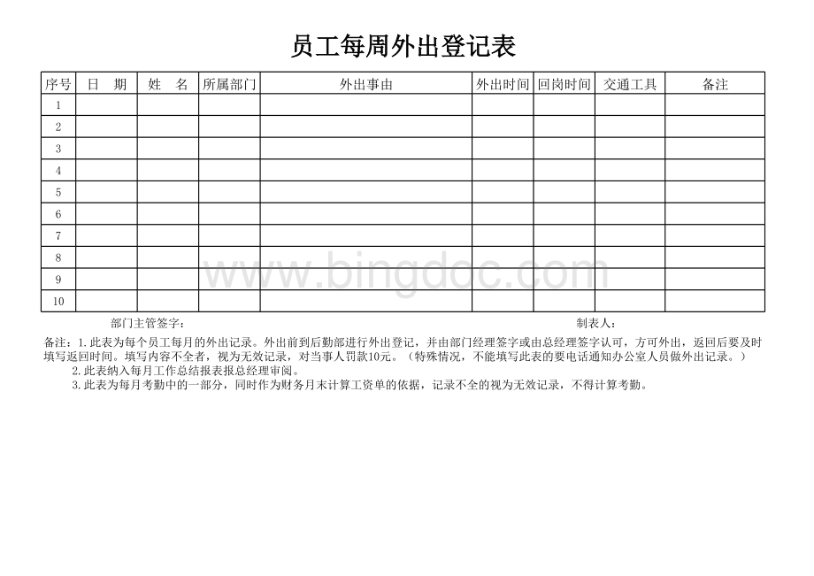 公司员工外出登记表表格文件下载.xls_第1页