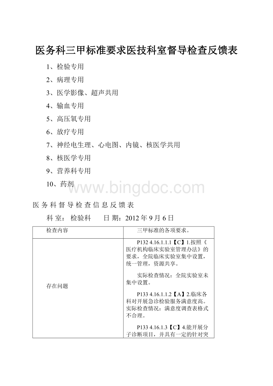 医务科三甲标准要求医技科室督导检查反馈表.docx