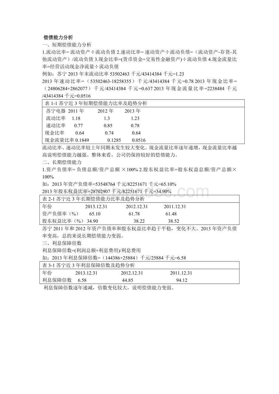 财务报表分析苏宁2011-2013年Word文档格式.doc