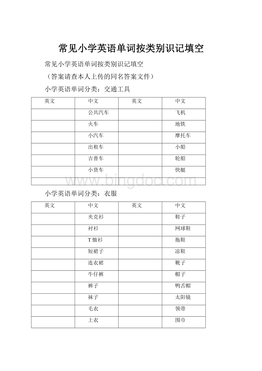 常见小学英语单词按类别识记填空.docx