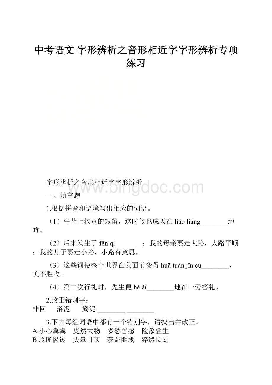 中考语文 字形辨析之音形相近字字形辨析专项练习.docx