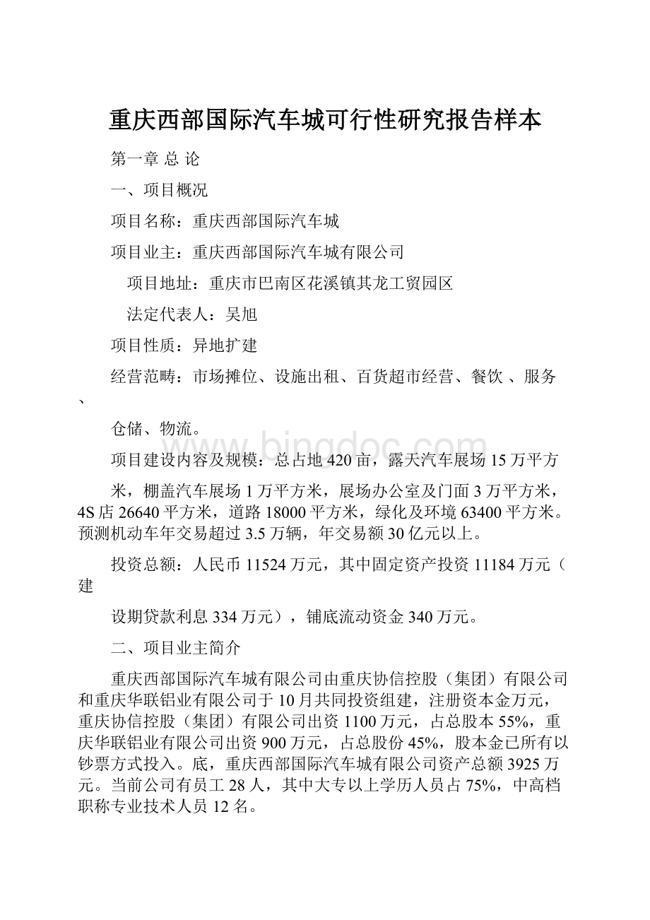 重庆西部国际汽车城可行性研究报告样本.docx_第1页
