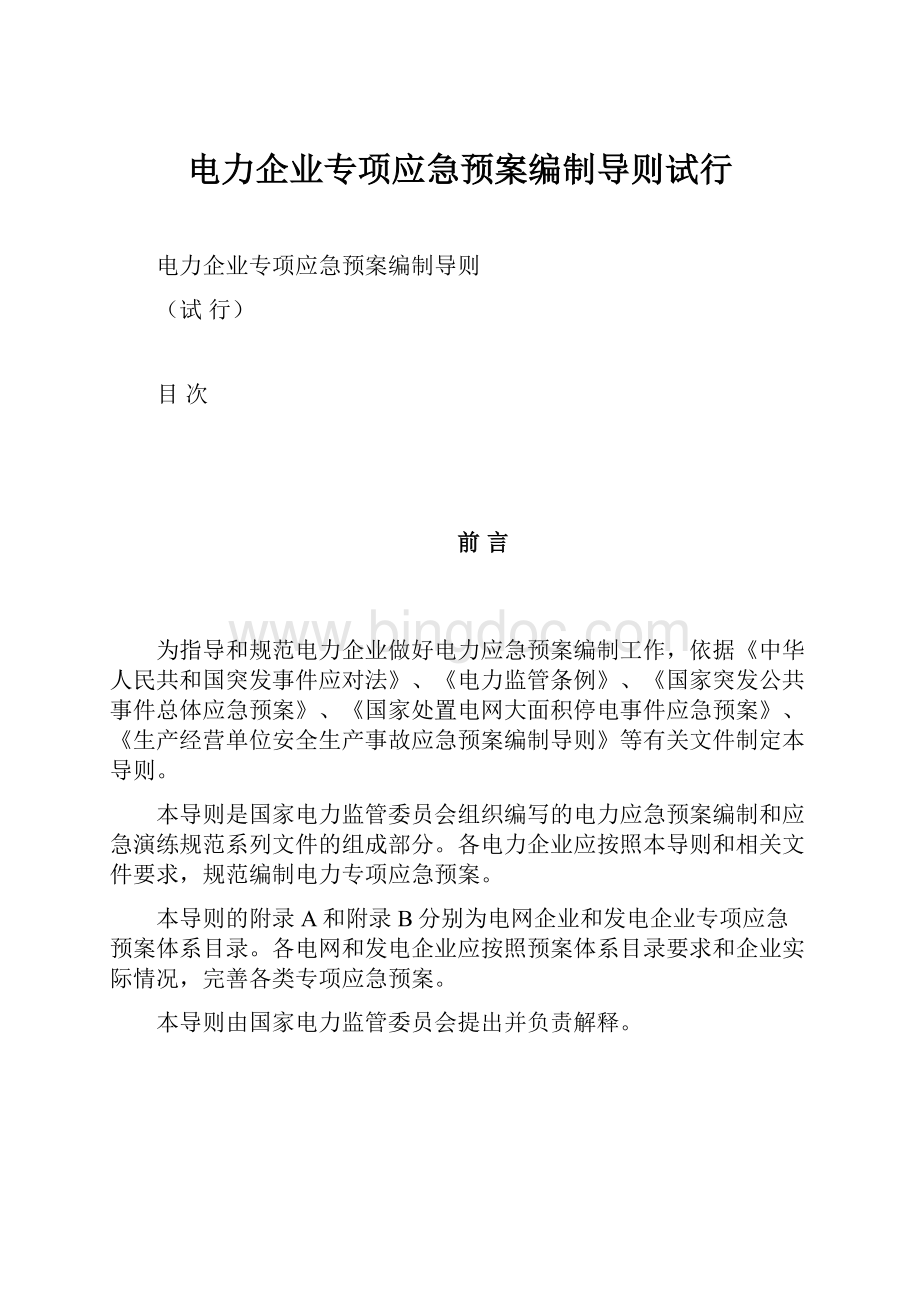 电力企业专项应急预案编制导则试行Word格式文档下载.docx_第1页