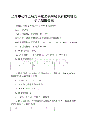 上海市杨浦区届九年级上学期期末质量调研化学试题附答案.docx