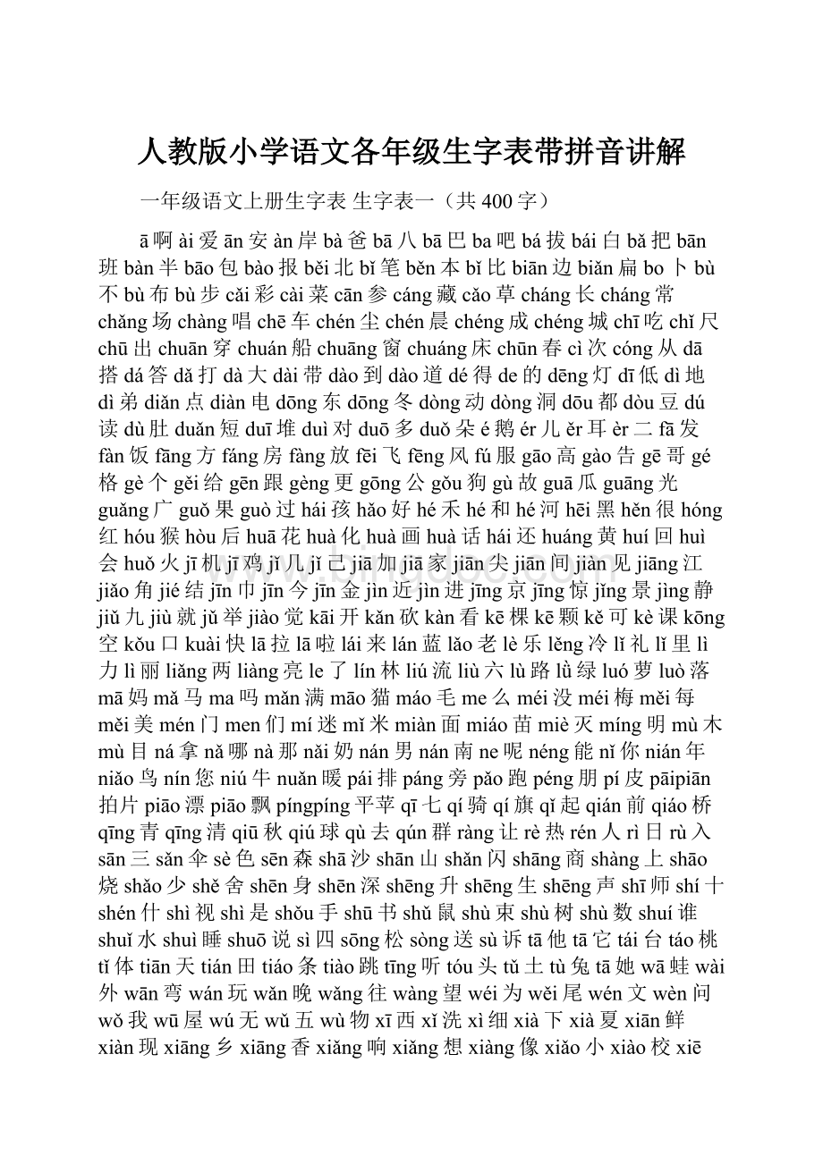 人教版小学语文各年级生字表带拼音讲解Word文档格式.docx