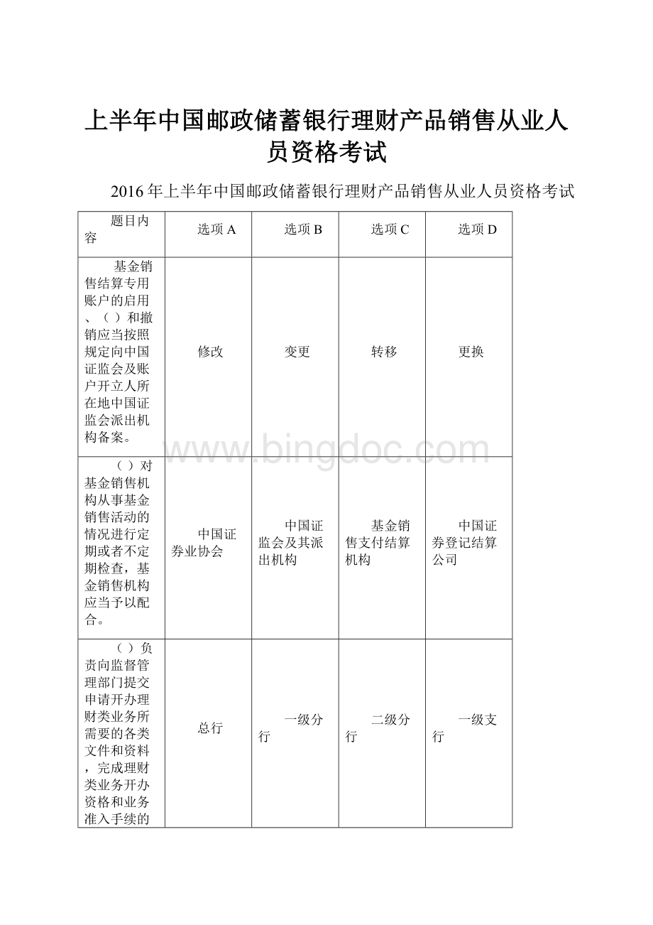 上半年中国邮政储蓄银行理财产品销售从业人员资格考试Word格式.docx_第1页