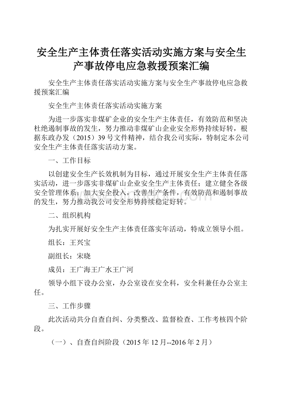 安全生产主体责任落实活动实施方案与安全生产事故停电应急救援预案汇编.docx_第1页