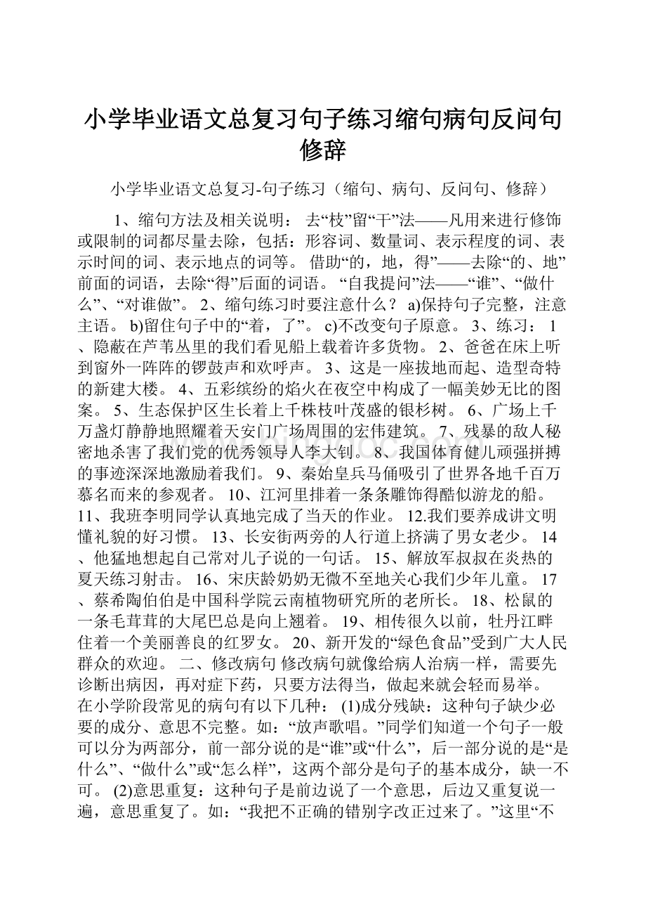 小学毕业语文总复习句子练习缩句病句反问句修辞Word格式文档下载.docx