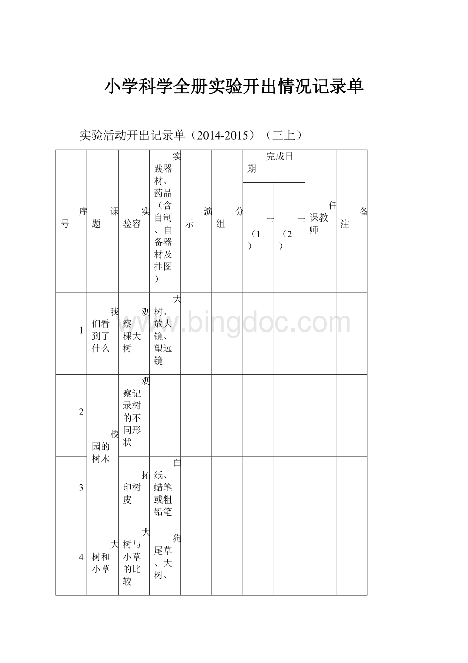 小学科学全册实验开出情况记录单.docx_第1页