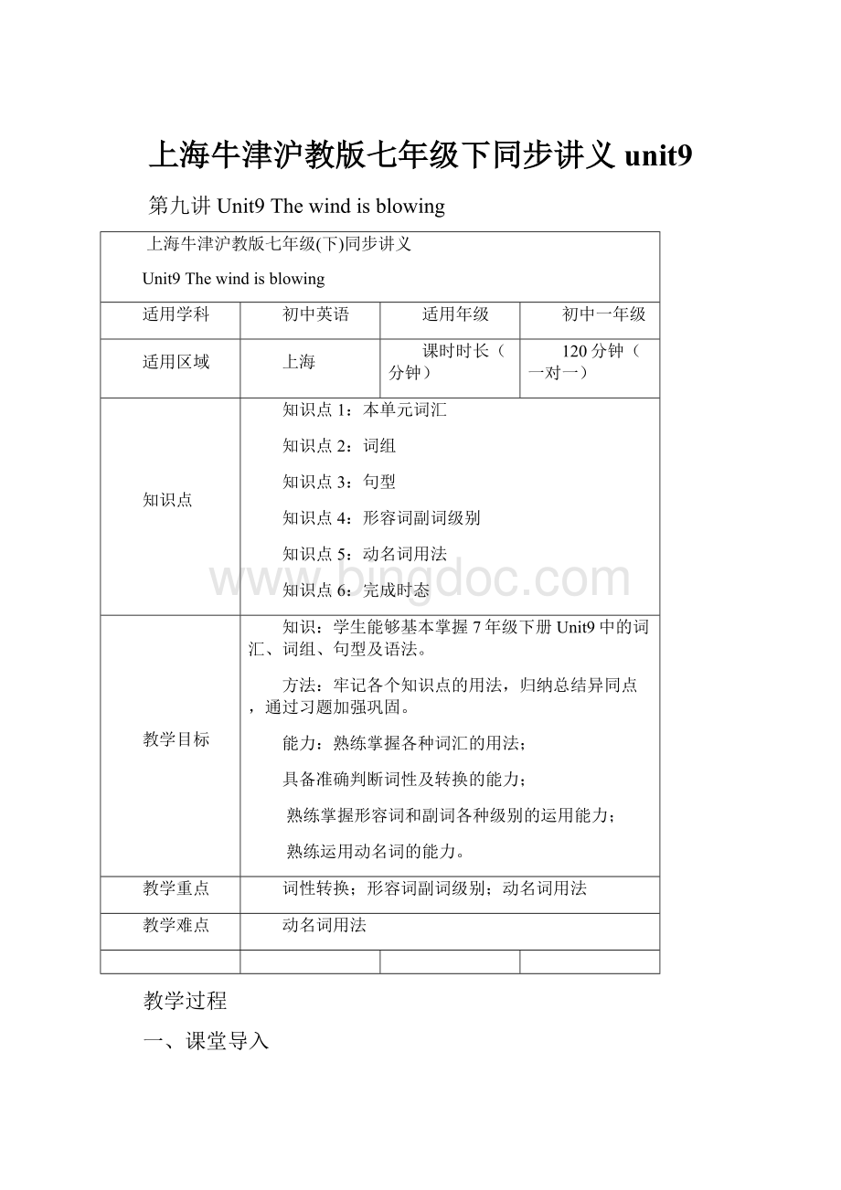 上海牛津沪教版七年级下同步讲义unit9文档格式.docx