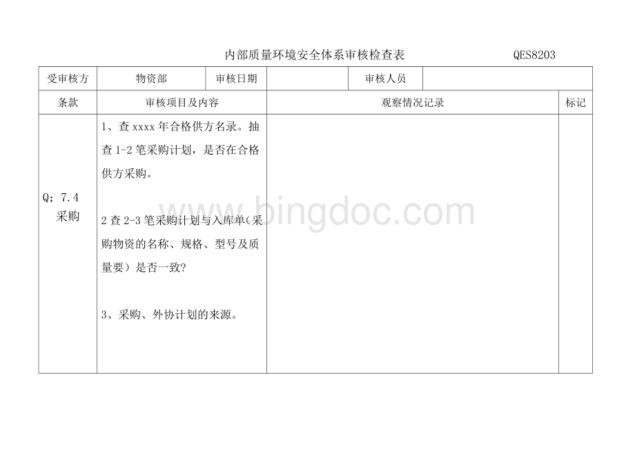 物资部-内部质量环境安全体系审核检查表文档格式.doc