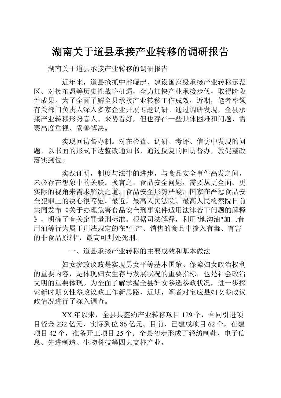 湖南关于道县承接产业转移的调研报告Word格式文档下载.docx_第1页