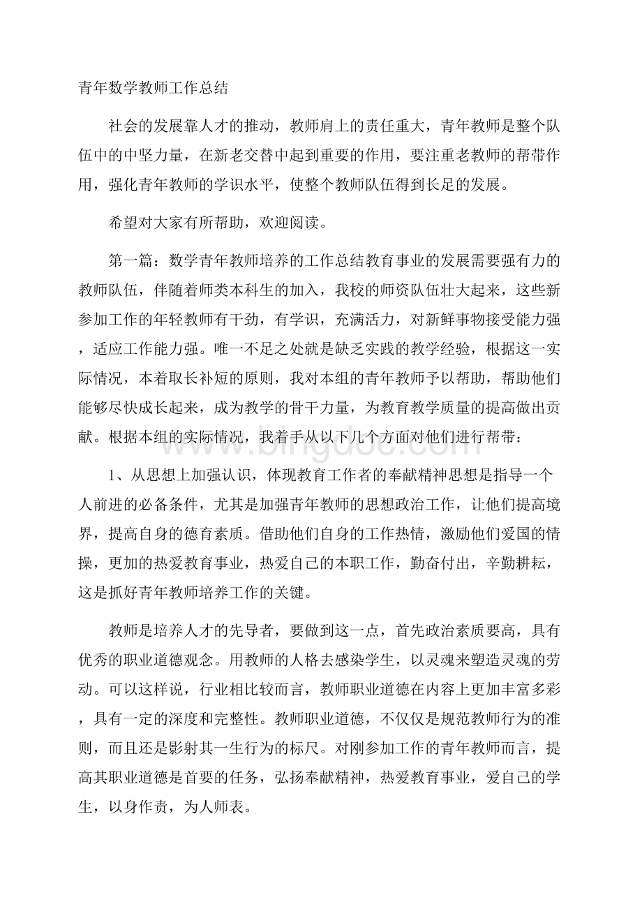 青年数学教师工作总结Word格式文档下载.docx