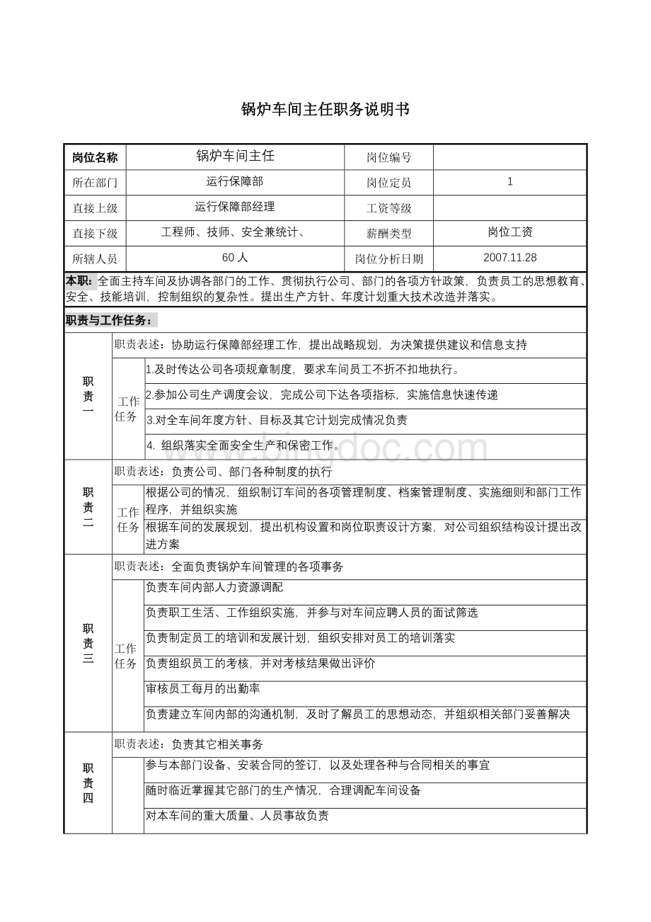 锅炉车间主任职务说明书文档格式.doc_第1页