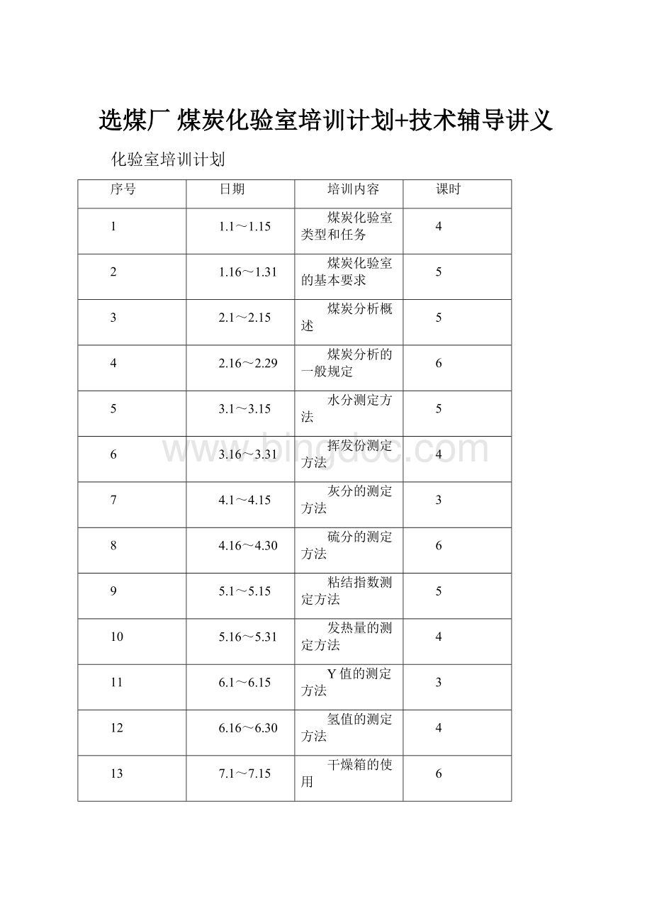 选煤厂 煤炭化验室培训计划+技术辅导讲义.docx_第1页