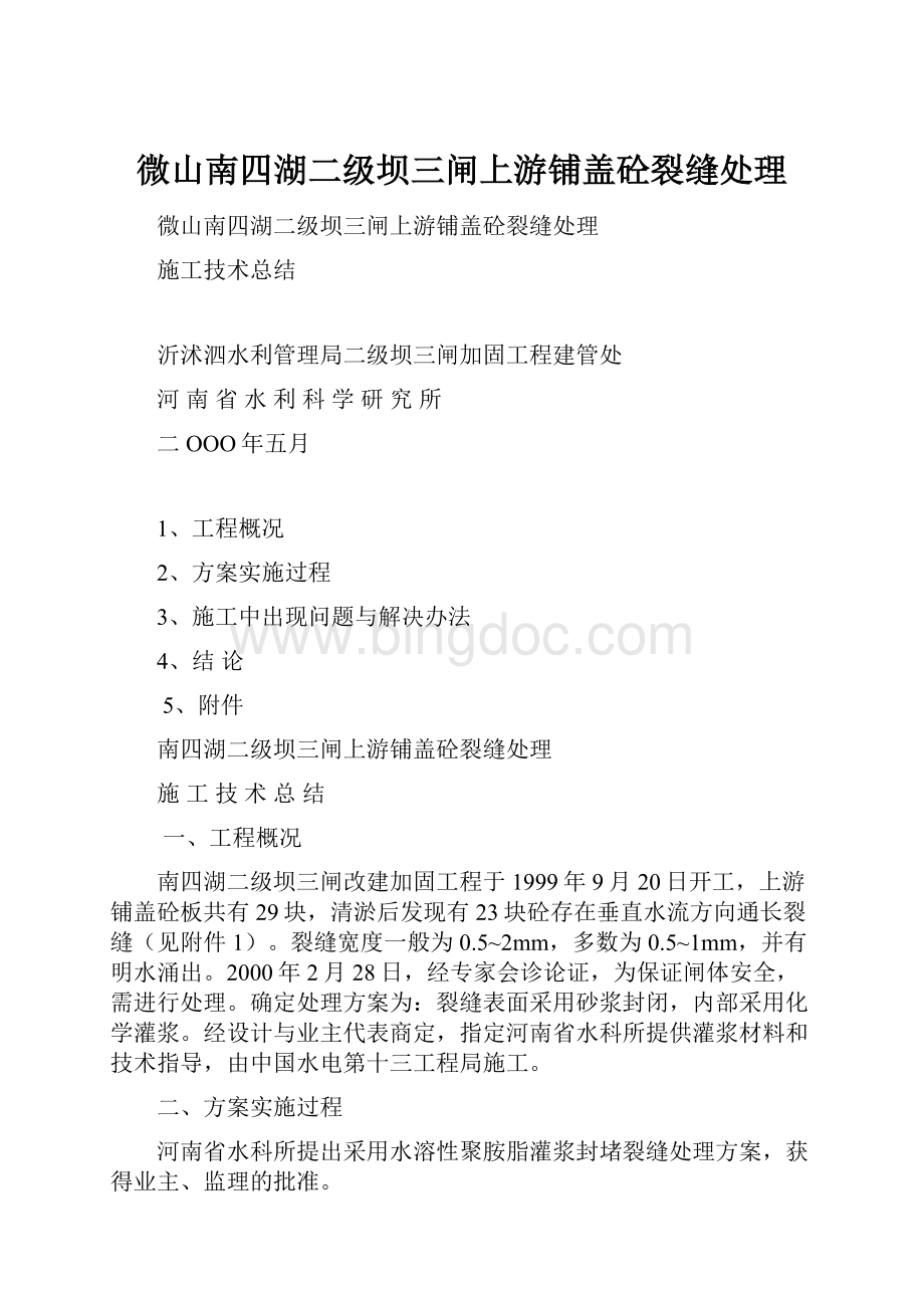 微山南四湖二级坝三闸上游铺盖砼裂缝处理.docx_第1页