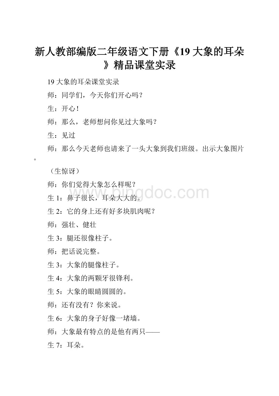 新人教部编版二年级语文下册《19 大象的耳朵》精品课堂实录.docx