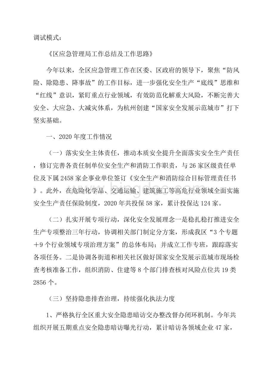 调试模式：《区应急管理局工作总结及工作思路》.docx