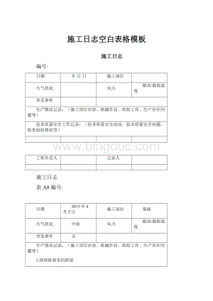 施工日志空白表格模板文档格式.docx