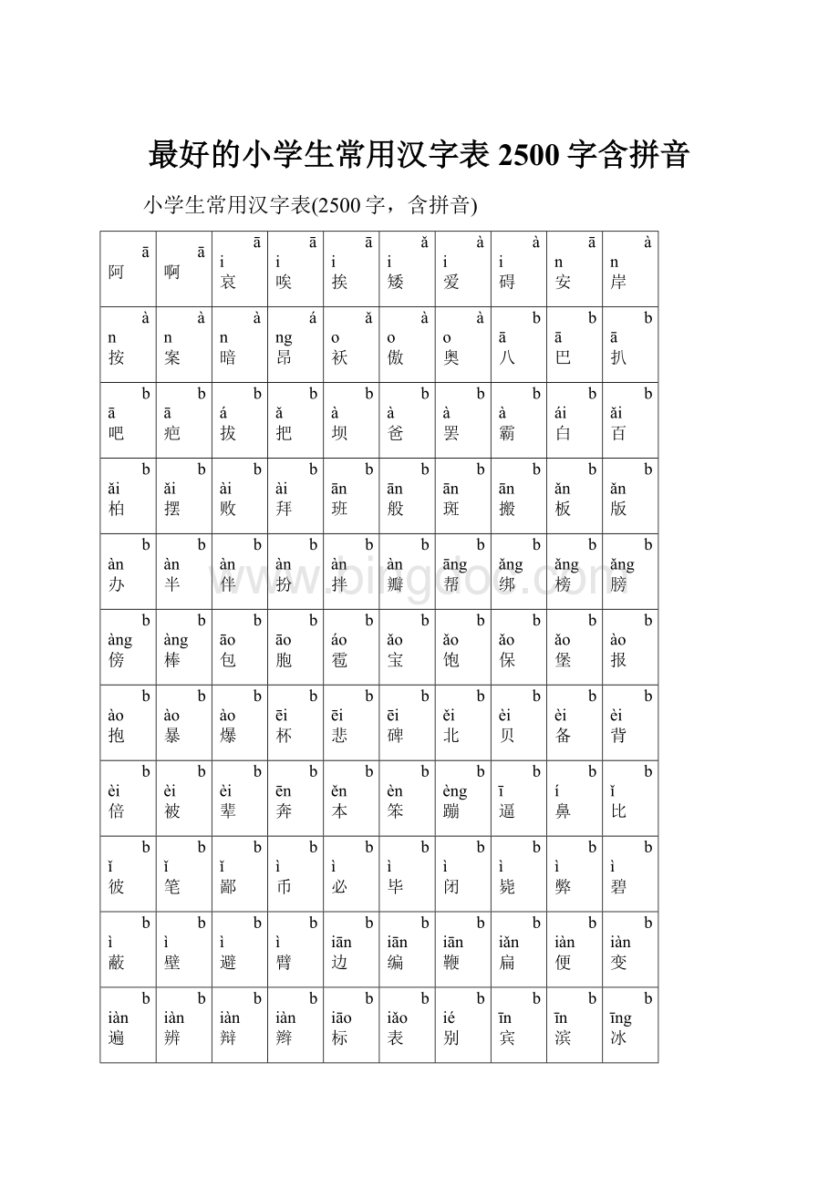 最好的小学生常用汉字表2500字含拼音Word文档下载推荐.docx