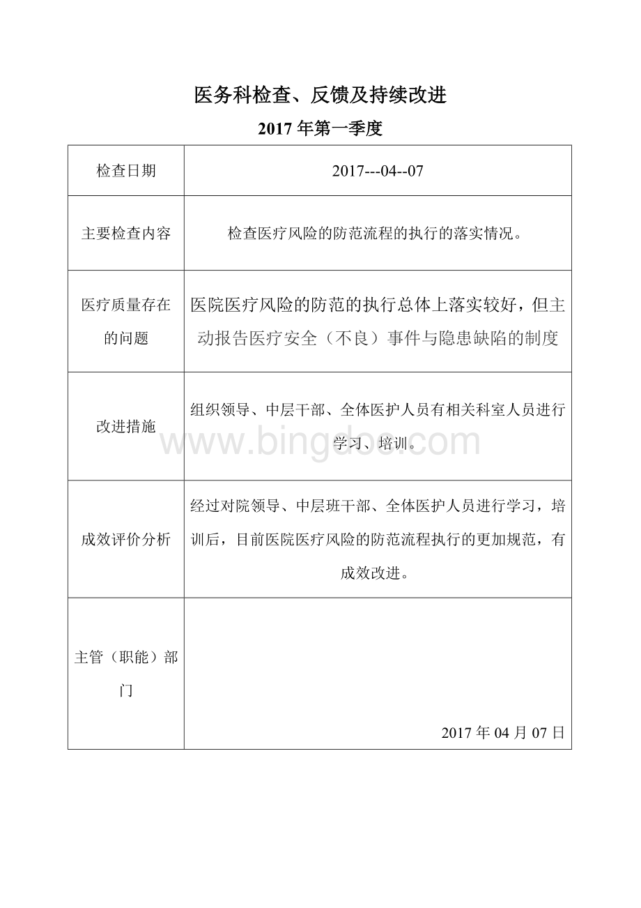 医疗风险管理医务科检查反馈及持续改进Word下载.doc