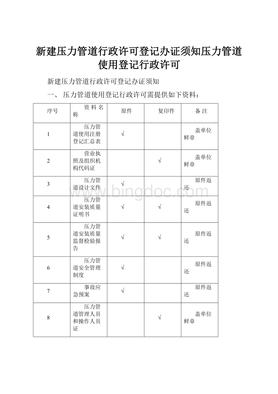 新建压力管道行政许可登记办证须知压力管道使用登记行政许可Word文档格式.docx_第1页