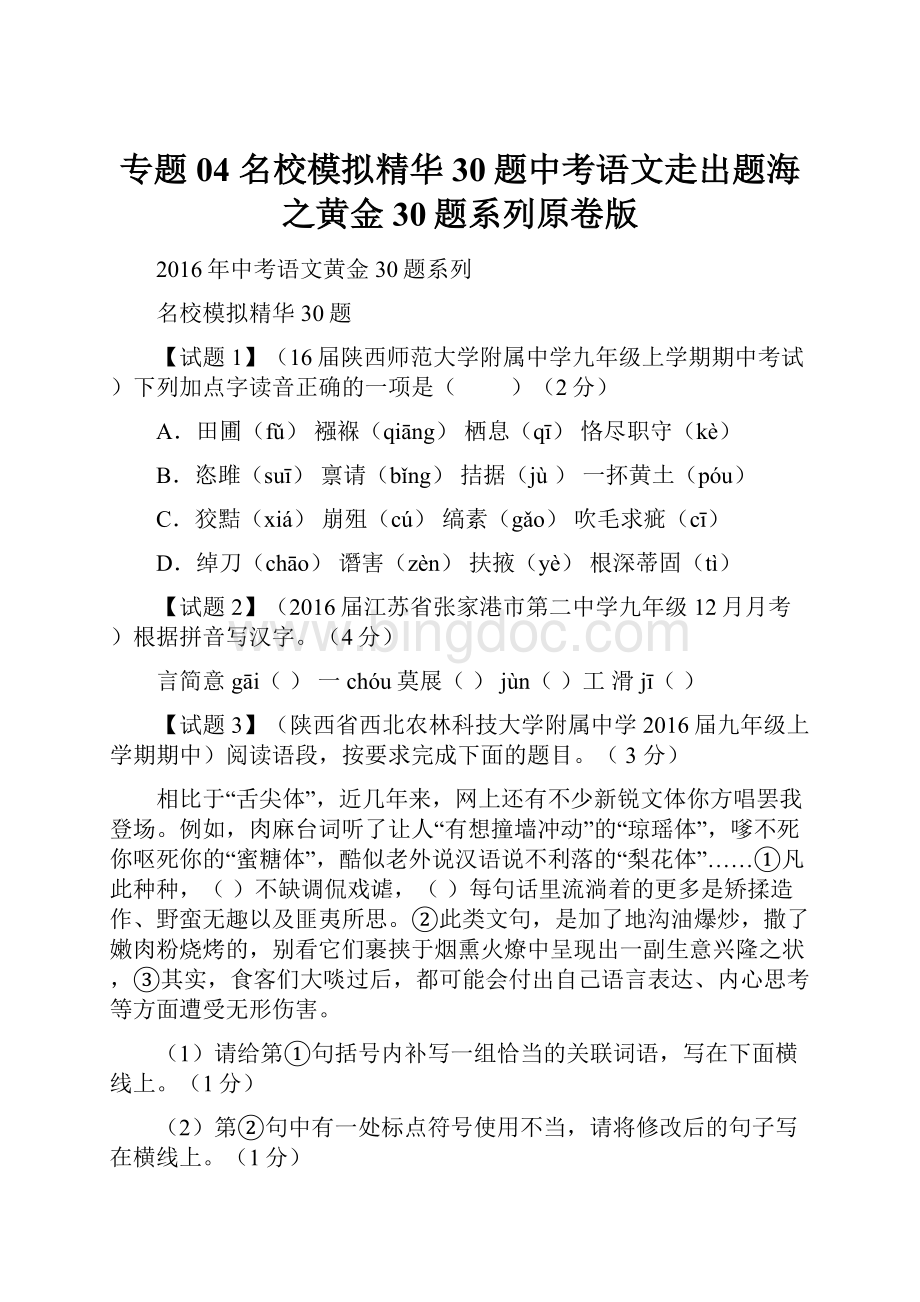 专题04 名校模拟精华30题中考语文走出题海之黄金30题系列原卷版.docx