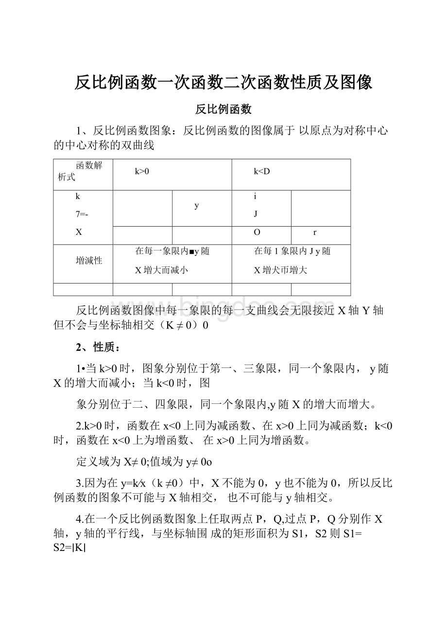 反比例函数一次函数二次函数性质及图像.docx